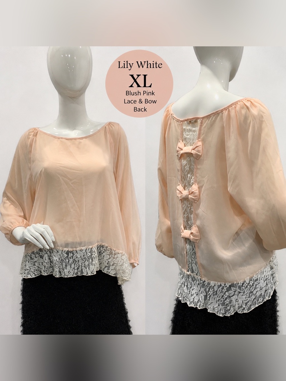 Lily White Blush Pink Lace Back Blouse with Bows XL Boho Peasant Top